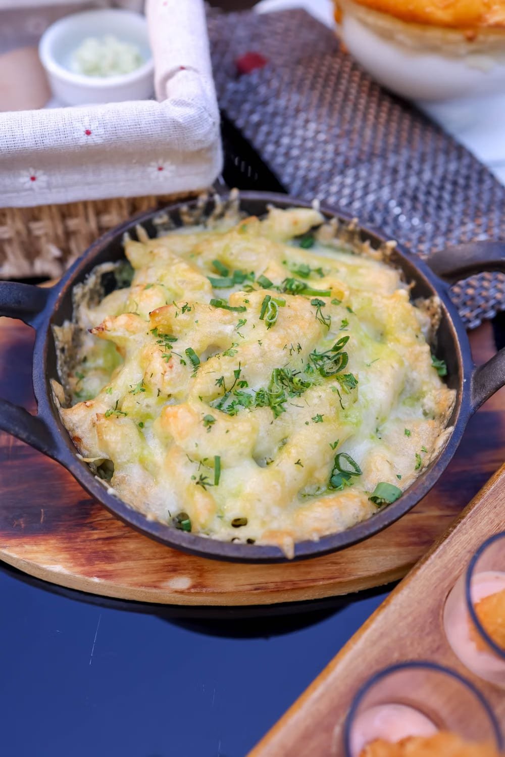 Baked mac and cheese side dish with a golden crust
