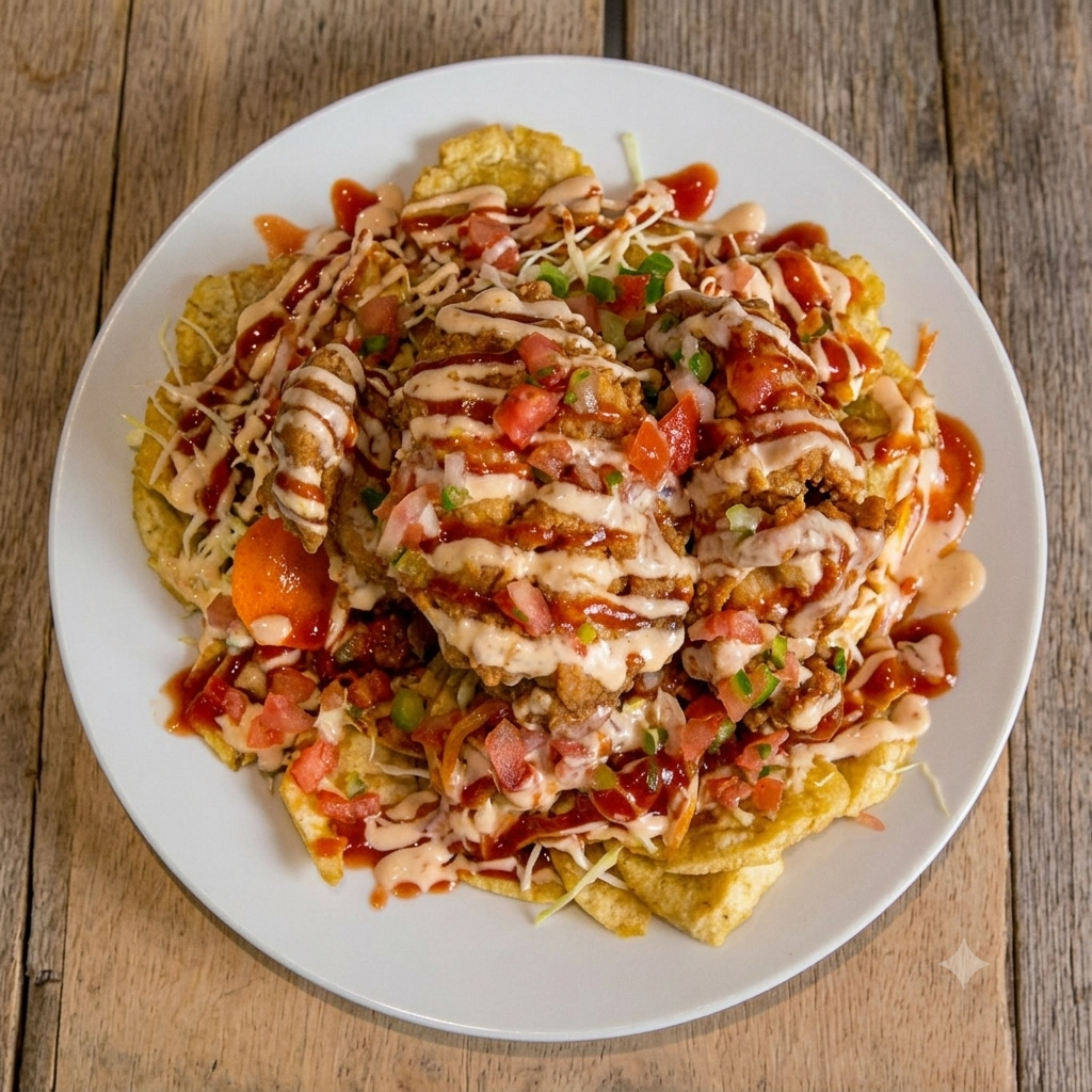 Pollo frito dorado en un plato — representativo del pollo con tajadas de El Buen Sabor