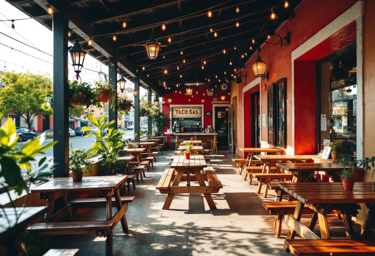 Representative photo of a covered outdoor taco-stand patio with picnic tables and string lights