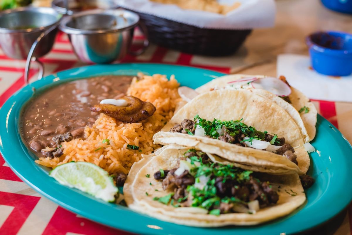 Representative photo of a taco plate with rice and beans