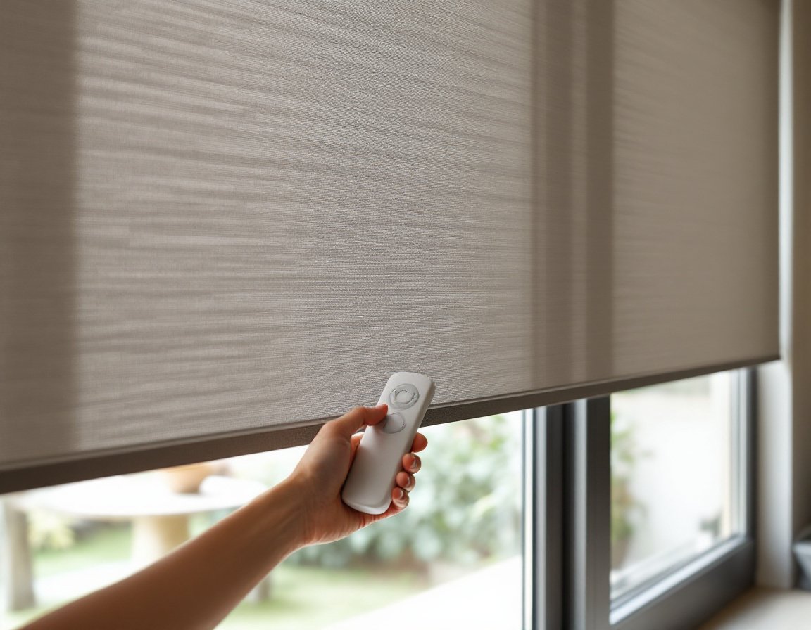 Hand using a remote control to lower a modern motorized roller shade