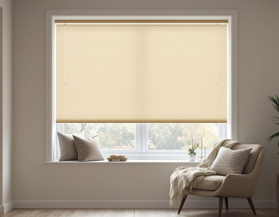 Window fitted with a cream cellular honeycomb shade beside a reading chair