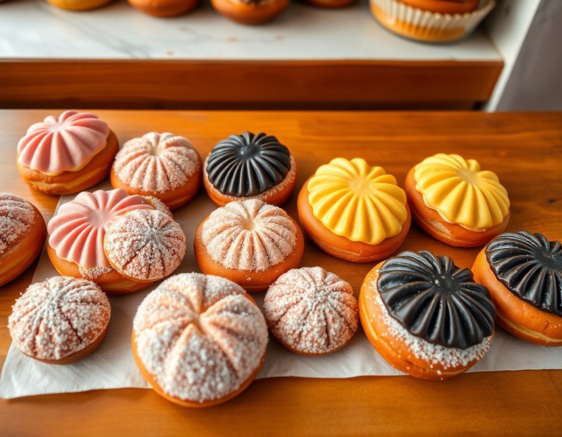 Conchas with pink, yellow and chocolate topping