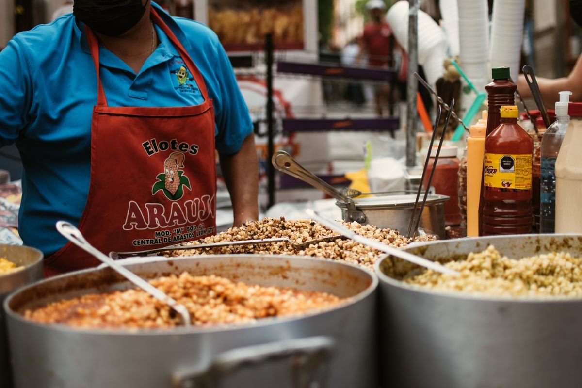 Representative photo of the elote cart with pots of esquite kept warm and ready to serve