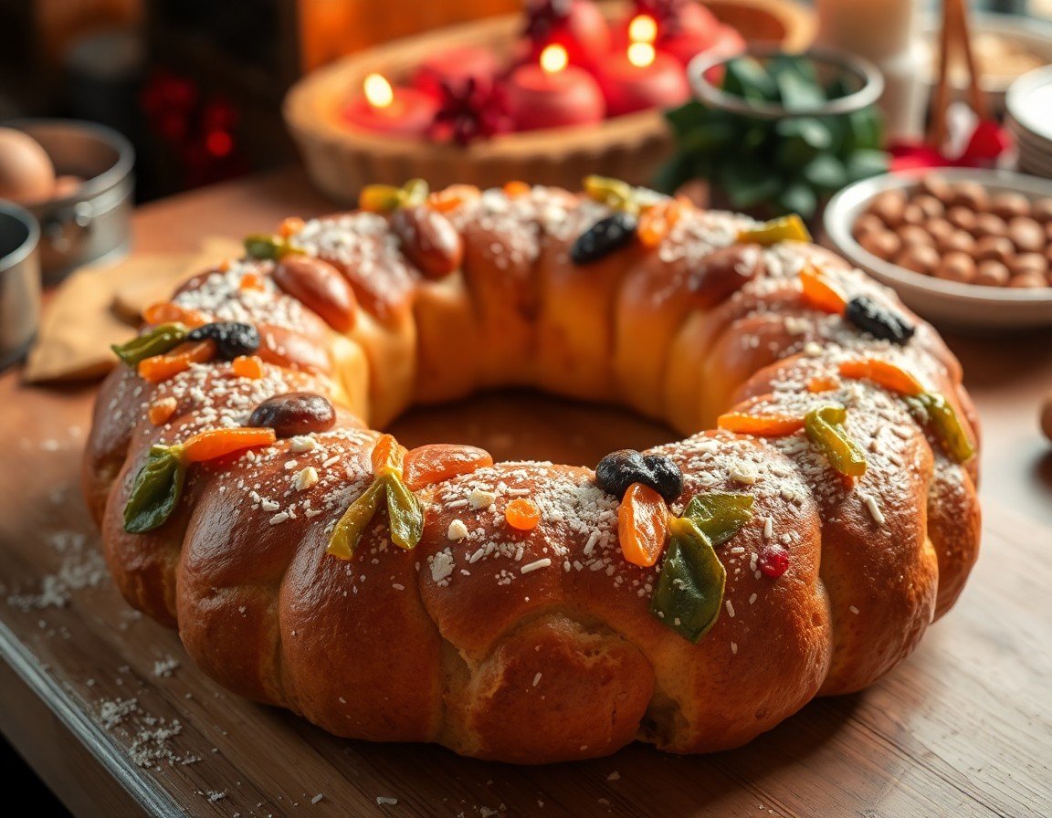 Rosca de Reyes sweet bread ring decorated with candied fruit