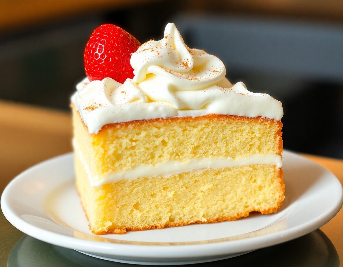 Slice of tres leches cake with whipped cream and a strawberry
