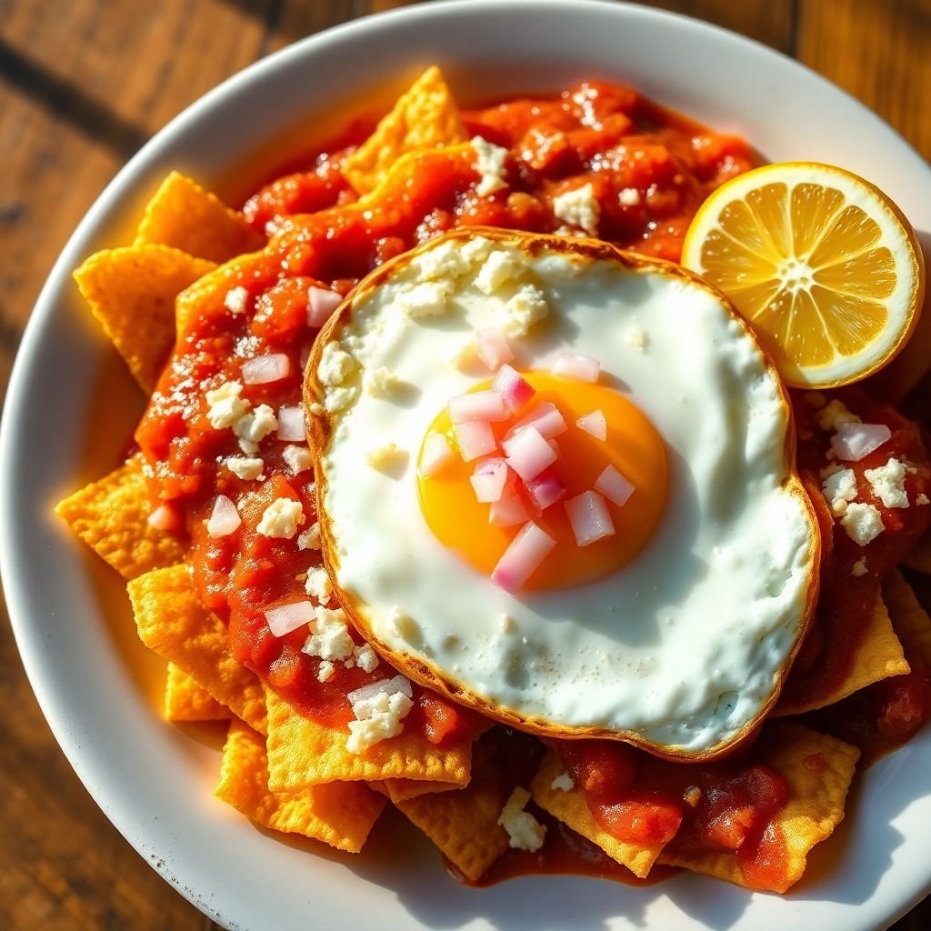 Chilaquiles rojos topped with crema, queso fresco, onion and a fried egg (representative image)