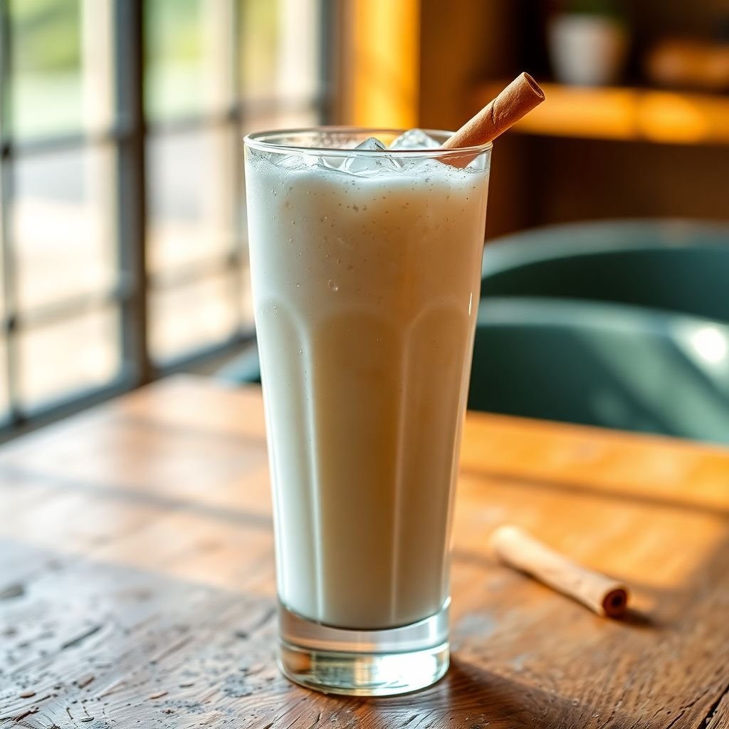 Tall glass of house horchata over ice with a cinnamon stick (representative image)