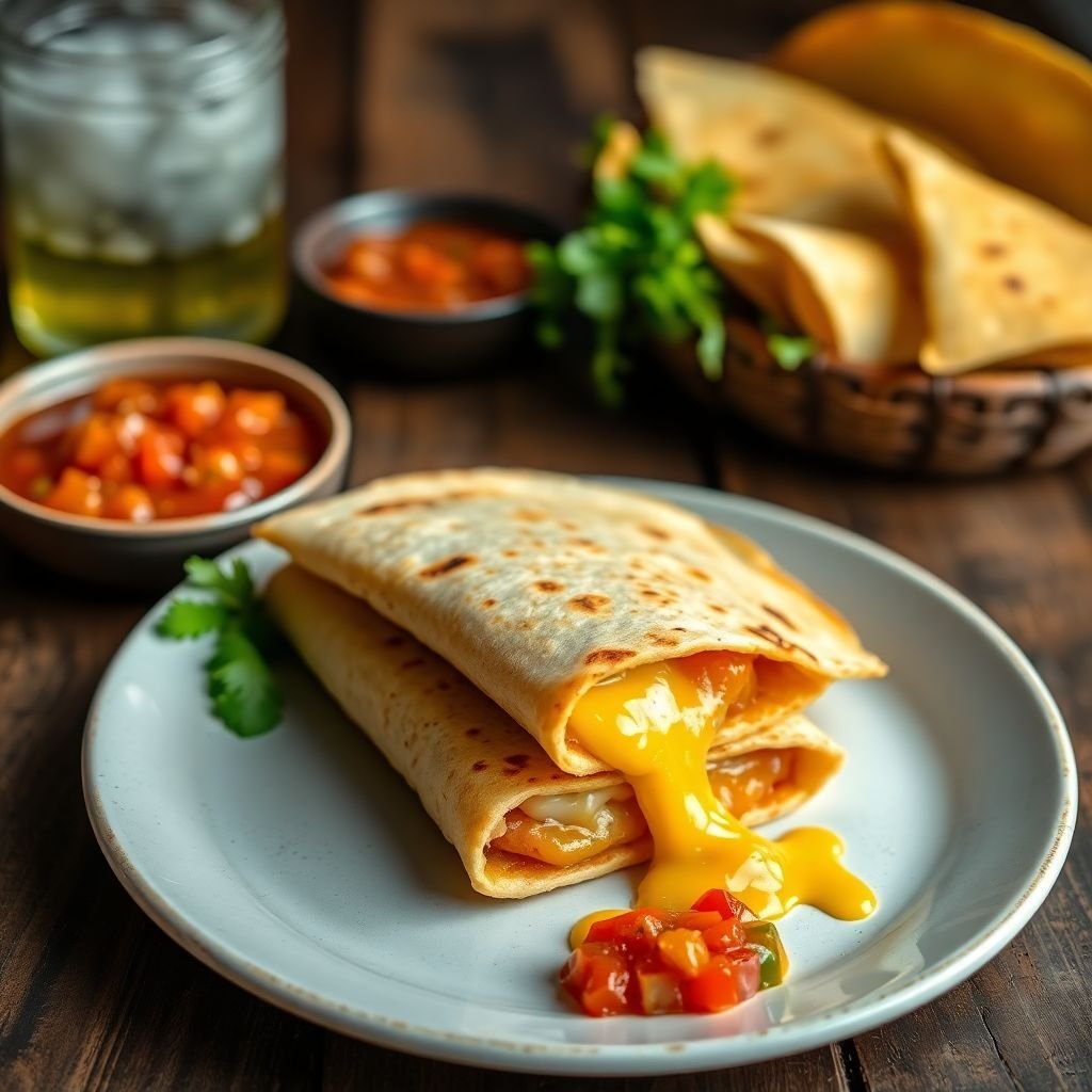 Melted-cheese corn quesadilla with red and green salsa (representative image)