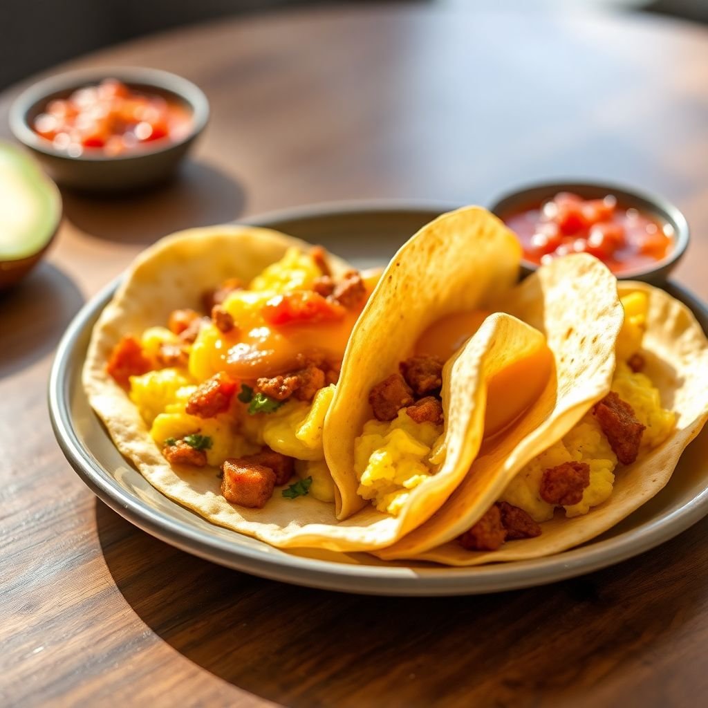 Breakfast tacos with scrambled eggs and chorizo in warm tortillas (representative image)