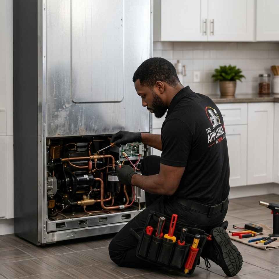 The Appliance Plug technician repairing the rear compressor panel of a refrigerator in a Houston home