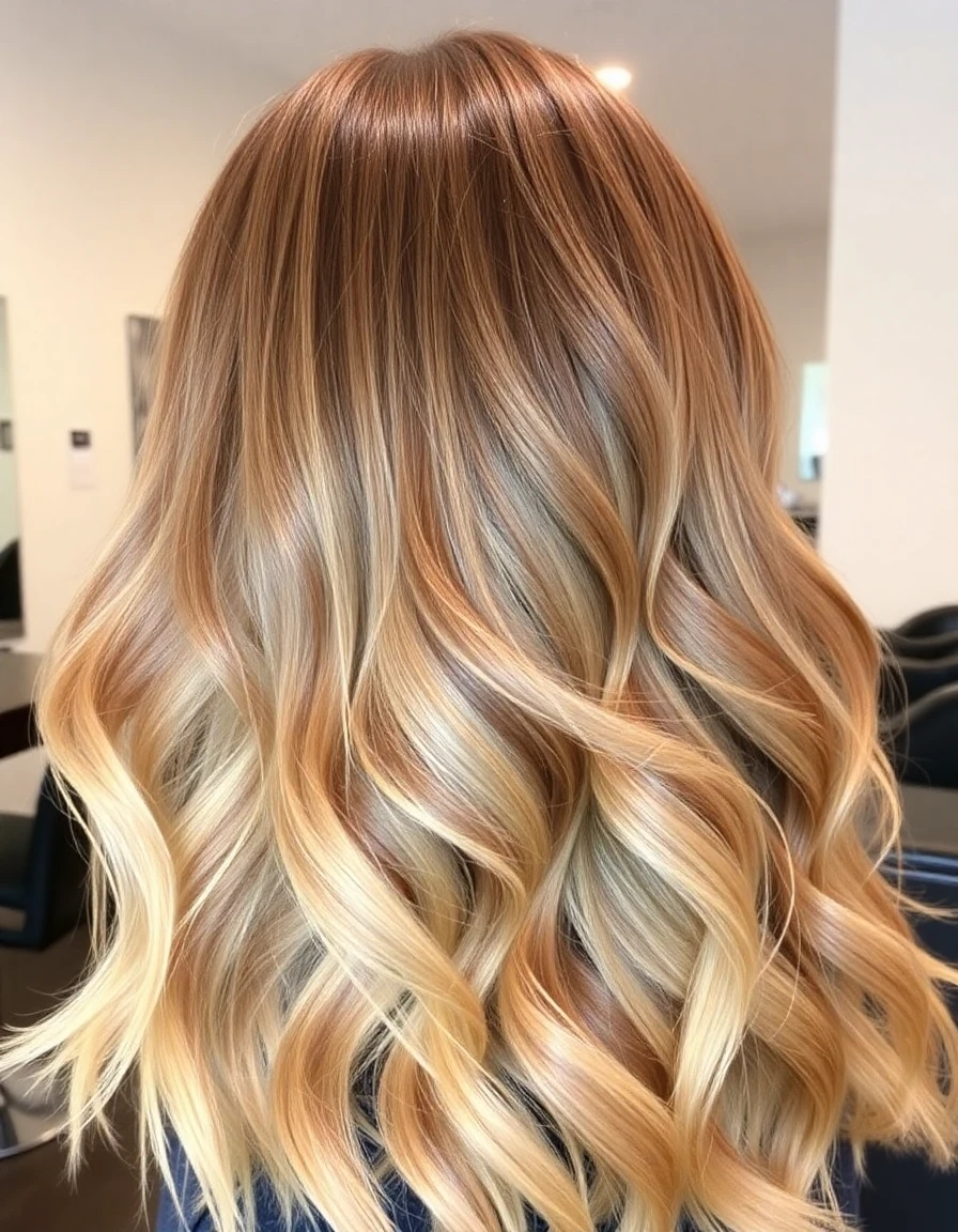 Representative photo of long wavy hair with caramel and honey balayage highlights