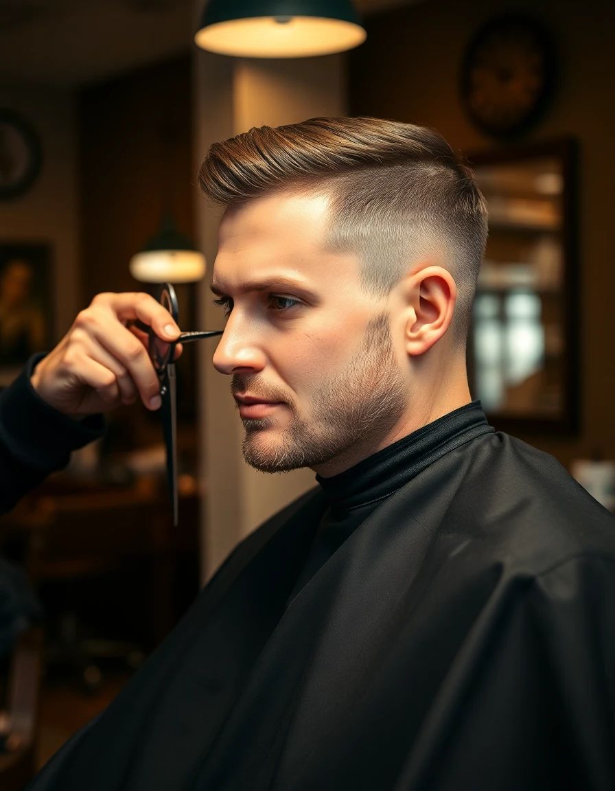Representative photo of a man receiving a scissor haircut in a barbershop