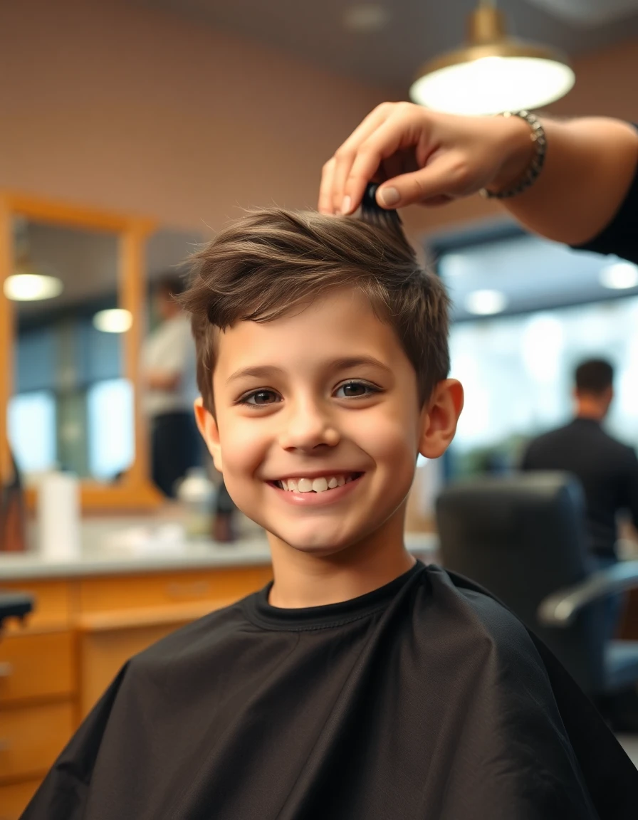 Representative photo of a smiling young boy getting a haircut in a barbershop